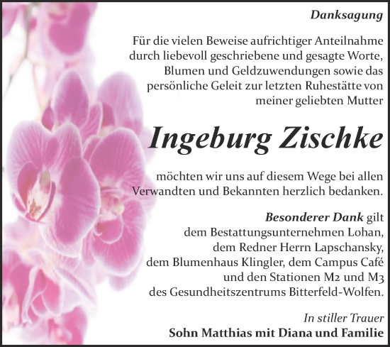 Traueranzeige von Ingeburg Zischke von Trauerkombi Bitterfeld