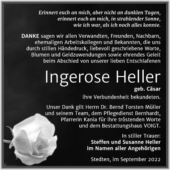 Traueranzeige von Ingerose Heller von Trauerkombi Mansfelder Land