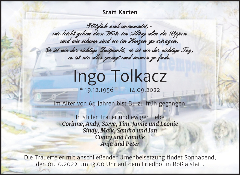  Traueranzeige für Ingo Tolkacz vom 24.09.2022 aus Trauerkombi Sangerhausen