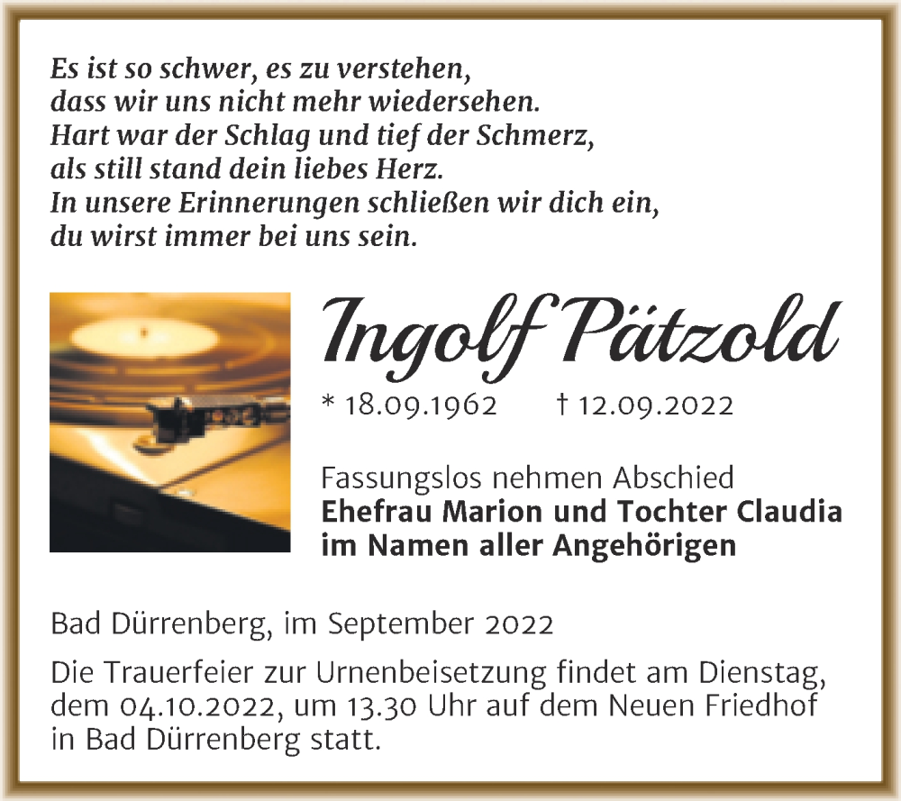  Traueranzeige für Ingolf Pätzold vom 24.09.2022 aus Trauerkombi Merseburg