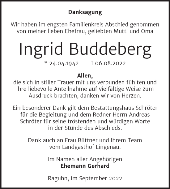 Traueranzeige von Ingrid Buddeberg von Trauerkombi Bitterfeld