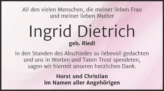 Traueranzeige von Ingrid Dietrich von Trauerkombi Quedlinburg