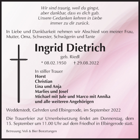 Traueranzeige von Ingrid Dietrich von Trauerkombi Quedlinburg