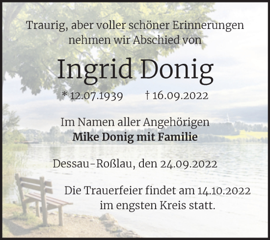Traueranzeige von Ingrid Donig von Trauerkombi Dessau