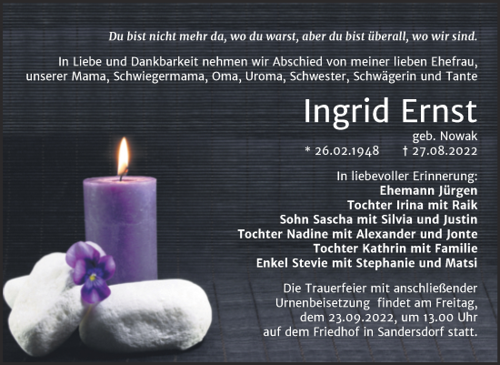 Traueranzeige von Ingrid Ernst von Trauerkombi Bitterfeld