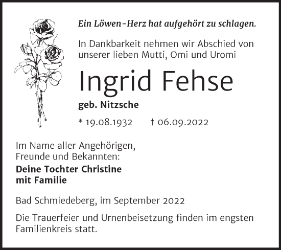 Traueranzeige von Ingrid Fehse von Trauerkombi Wittenberg