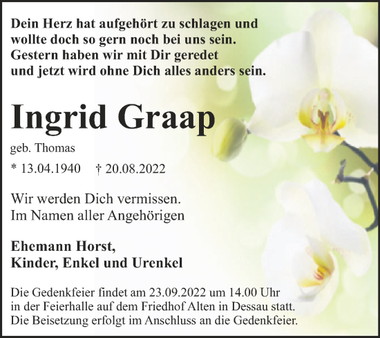 Traueranzeige von Ingrid Graap von Trauerkombi Bitterfeld