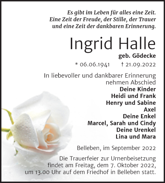 Traueranzeige von Ingrid Halle von Trauerkombi Bernburg