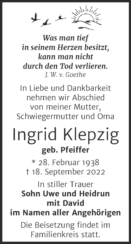  Traueranzeige für Ingrid Klepzig vom 24.09.2022 aus Mitteldeutsche Zeitung Halle/Saalkreis