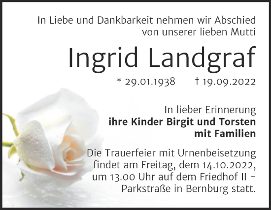 Traueranzeige von Ingrid Landgraf von Trauerkombi Bernburg
