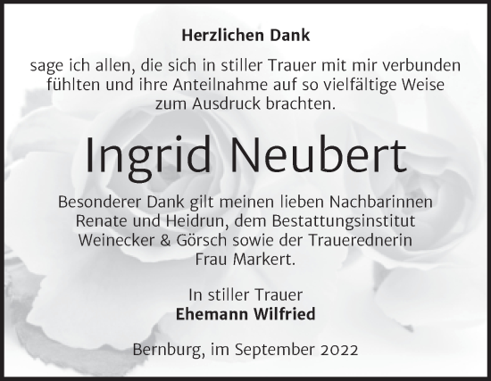 Traueranzeige von Ingrid Neubert von Trauerkombi Bernburg