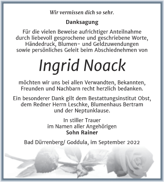 Traueranzeige von Ingrid Noack von Trauerkombi Merseburg