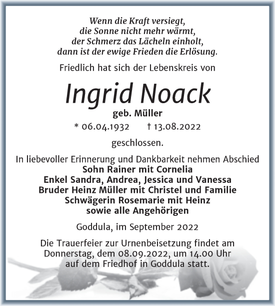 Traueranzeige von Ingrid Noack von Trauerkombi Merseburg