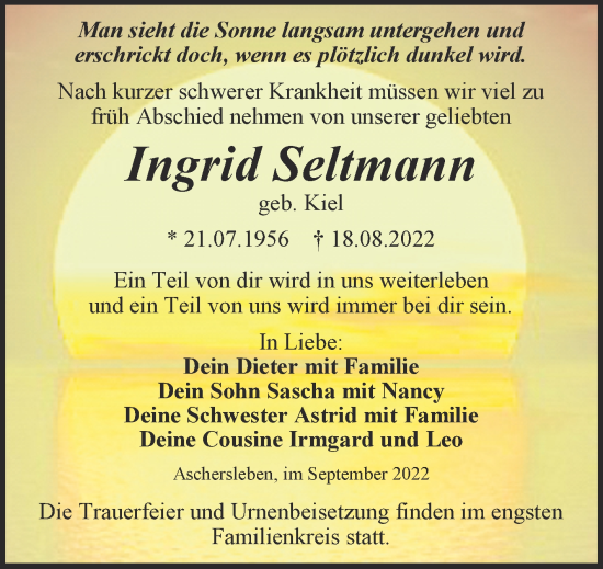Traueranzeige von Ingrid Seltmann von Trauerkombi Quedlinburg