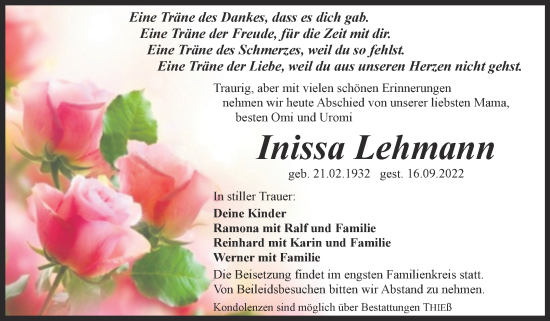 Traueranzeige von Inissa Lehmann von Trauerkombi Quedlinburg