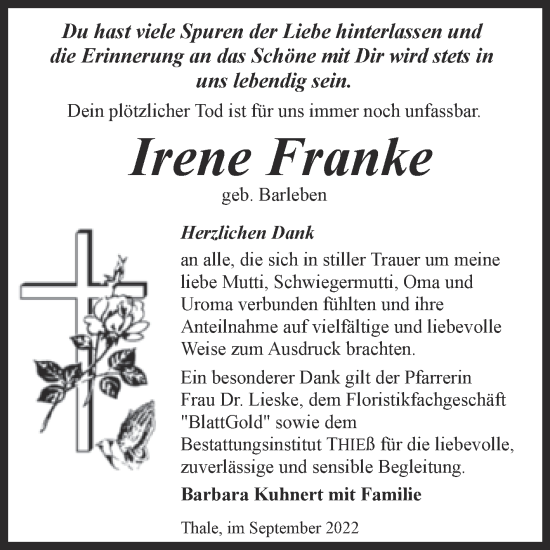 Traueranzeige von Irene Franke von Trauerkombi Quedlinburg
