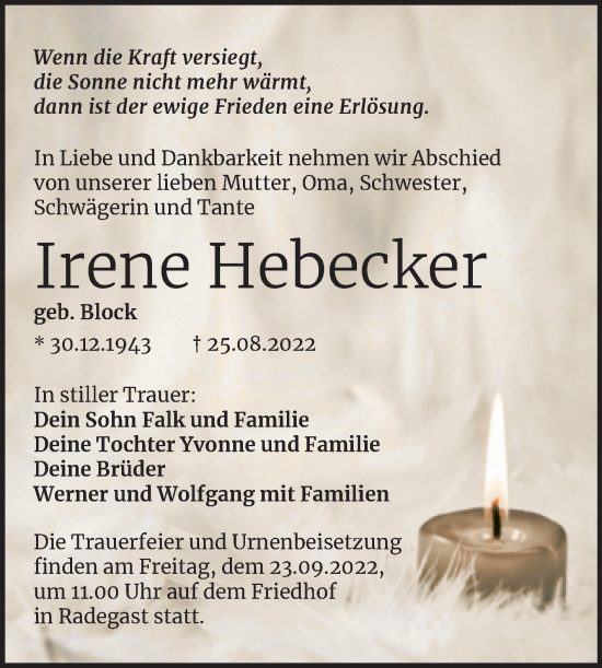Traueranzeige von Irene Hebecker von Trauerkombi Köthen