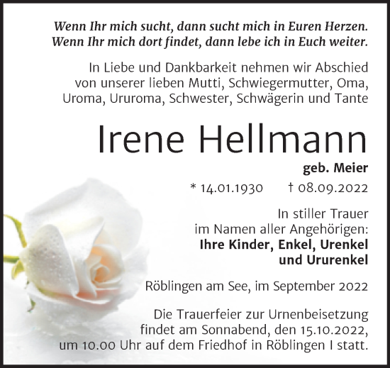 Traueranzeige von Irene Hellmann von Trauerkombi Mansfelder Land