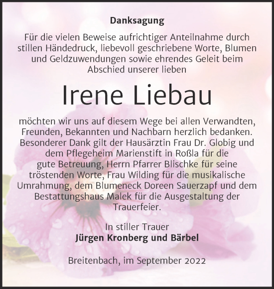 Traueranzeige von Irene Liebau von Trauerkombi Sangerhausen