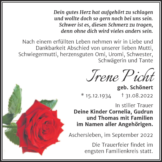 Traueranzeige von Irene Picht von Trauerkombi Aschersleben