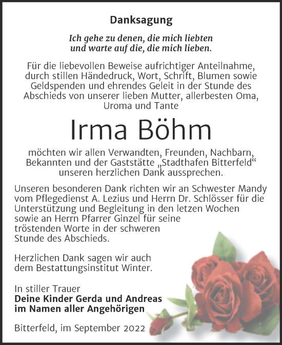 Traueranzeige von Irma Böhm von Trauerkombi Bitterfeld