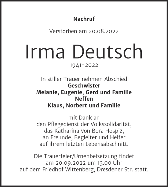 Traueranzeige von Irma Deutsch von Trauerkombi Wittenberg