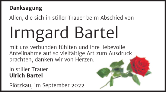 Traueranzeige von Irmgard Bartel von Trauerkombi Bernburg