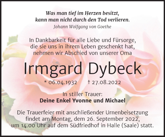 Traueranzeige von Irmgard Dybeck von Mitteldeutsche Zeitung Halle/Saalkreis