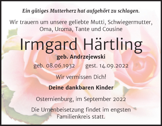 Traueranzeige von Irmgard Härtling von Trauerkombi Köthen