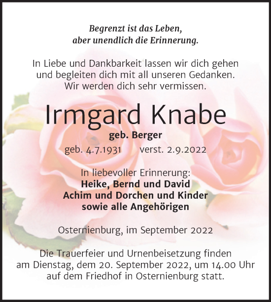 Traueranzeige von Irmgard Knabe von Trauerkombi Köthen