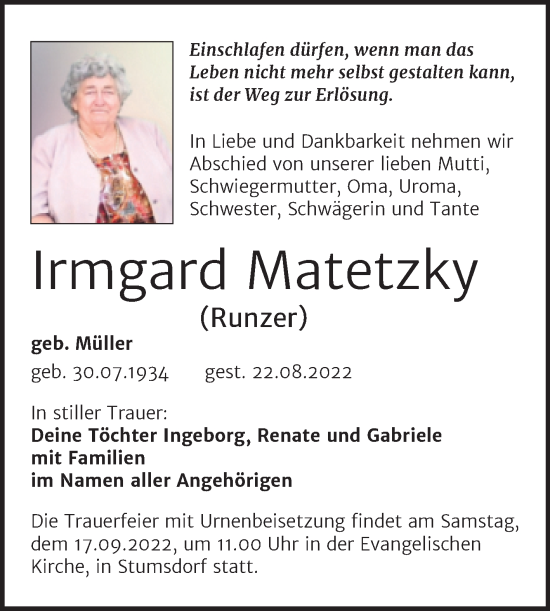 Traueranzeige von Irmgard Matetzky von Trauerkombi Bitterfeld