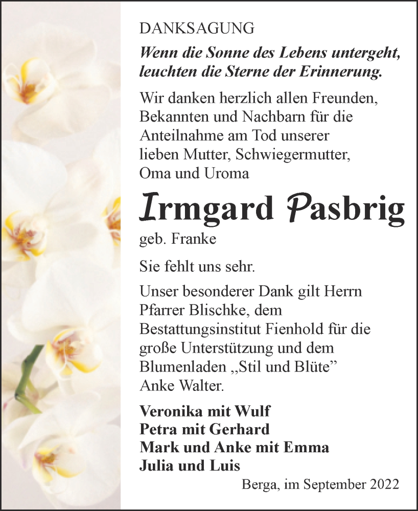  Traueranzeige für Irmgard Pasbrig vom 10.09.2022 aus Trauerkombi Sangerhausen