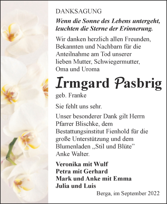 Traueranzeige von Irmgard Pasbrig von Trauerkombi Sangerhausen