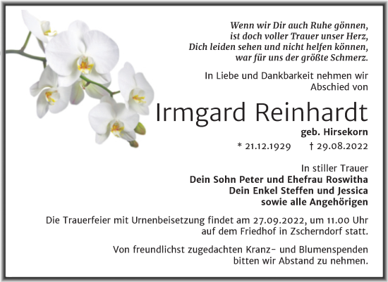 Traueranzeige von Irmgard Reinhardt von Trauerkombi Bitterfeld