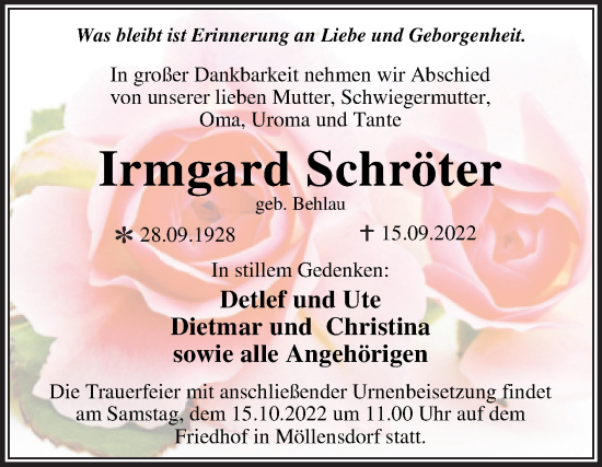 Traueranzeige von Irmgard Schröter von Trauerkombi Wittenberg