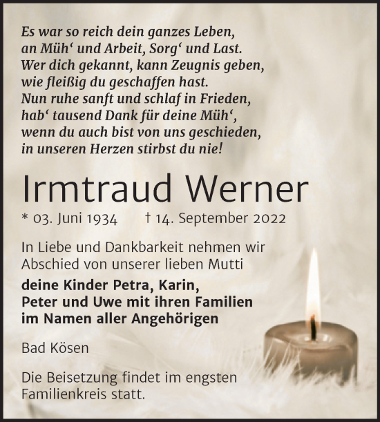 Traueranzeige von Irmtraud Werner von Naumburger Tageblatt
