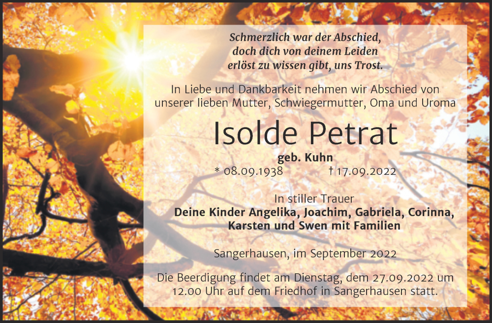  Traueranzeige für Isolde Petrat vom 22.09.2022 aus Trauerkombi Sangerhausen