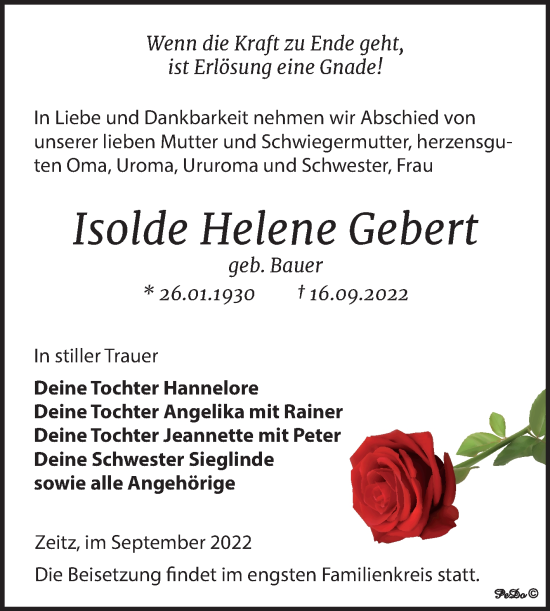 Traueranzeige von Isolde Helene Gebert von Trauerkombi Zeitz