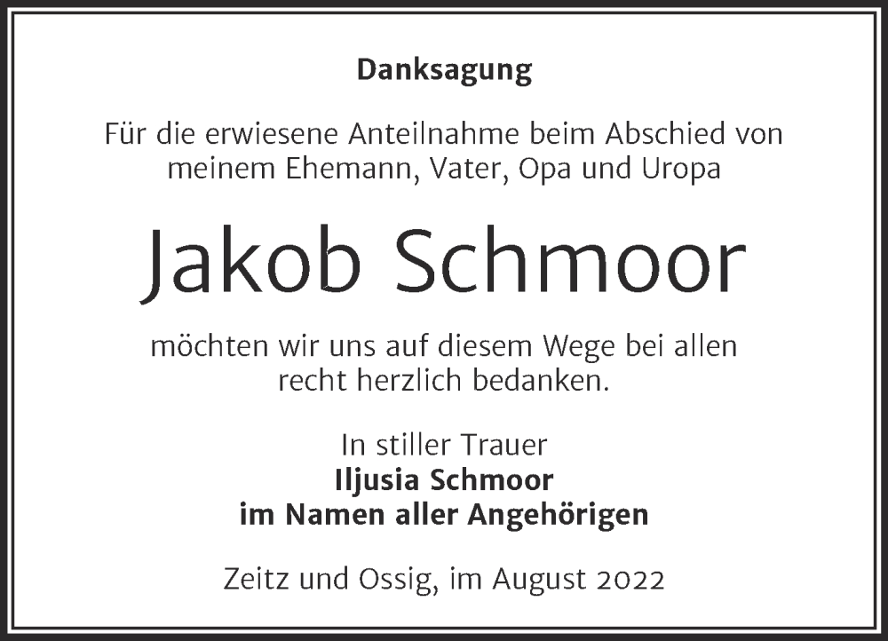  Traueranzeige für Jakob Schmoor vom 03.09.2022 aus Trauerkombi Zeitz
