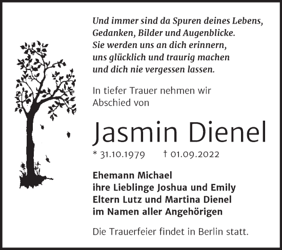 Traueranzeige von Jasmin Dienel von Trauerkombi Bernburg