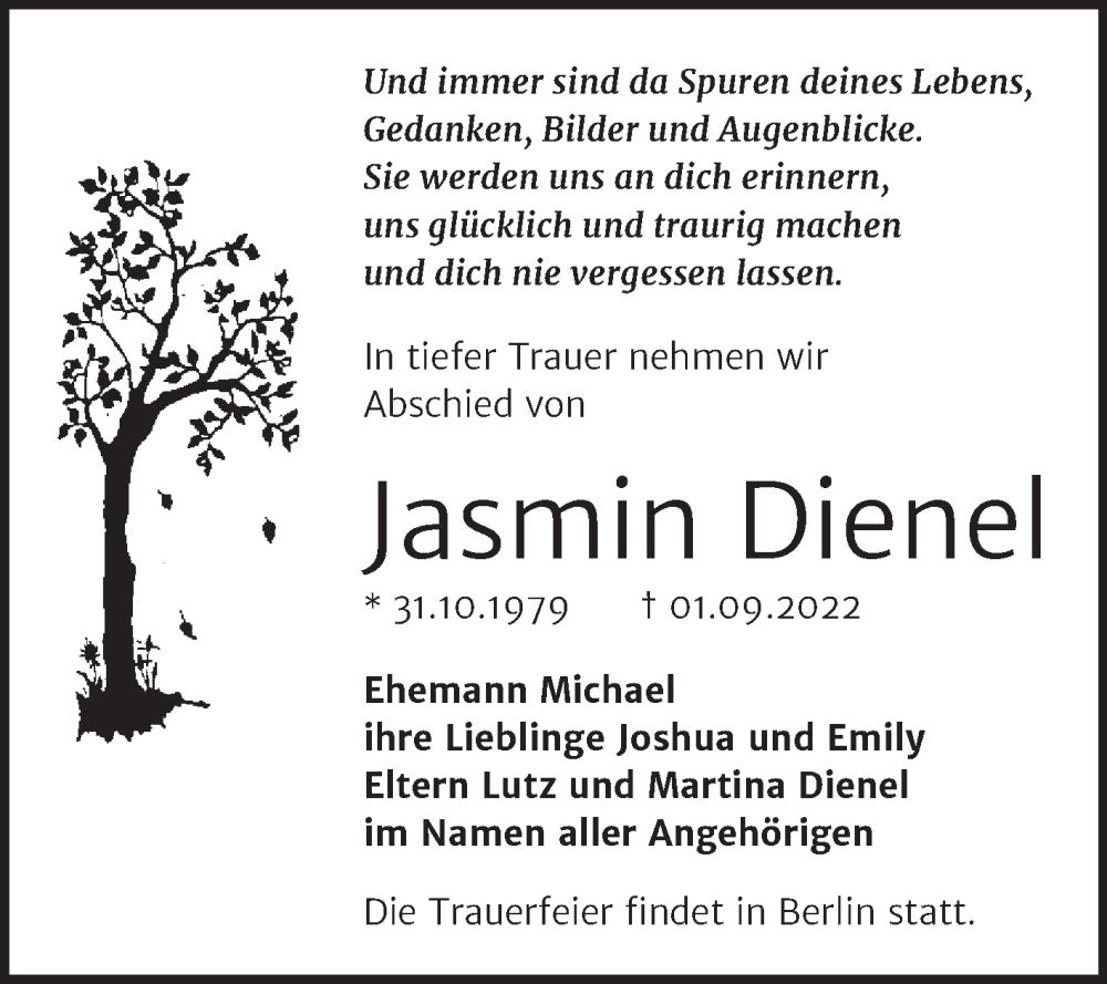  Traueranzeige für Jasmin Dienel vom 17.09.2022 aus Trauerkombi Bernburg