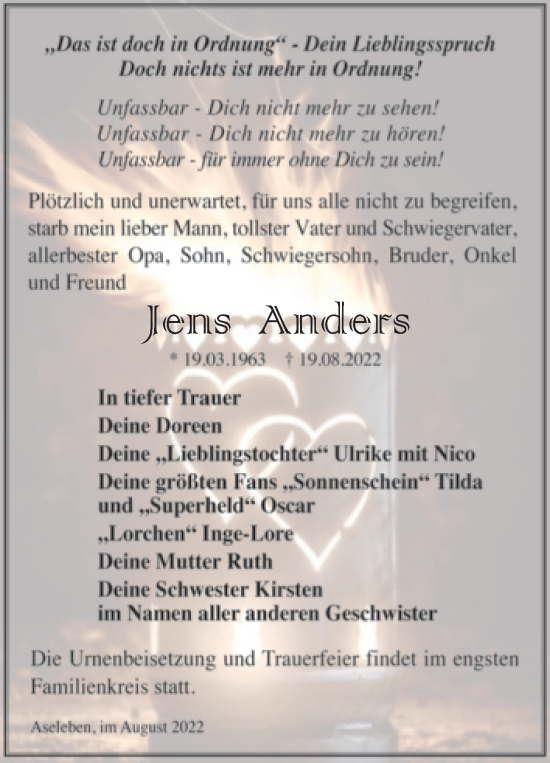 Traueranzeige von Jens Anders von Trauerkombi Mansfelder Land