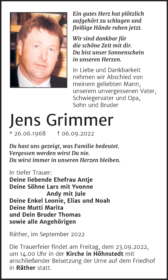 Traueranzeige von Jens Grimmer von Mitteldeutsche Zeitung Halle/Saalkreis