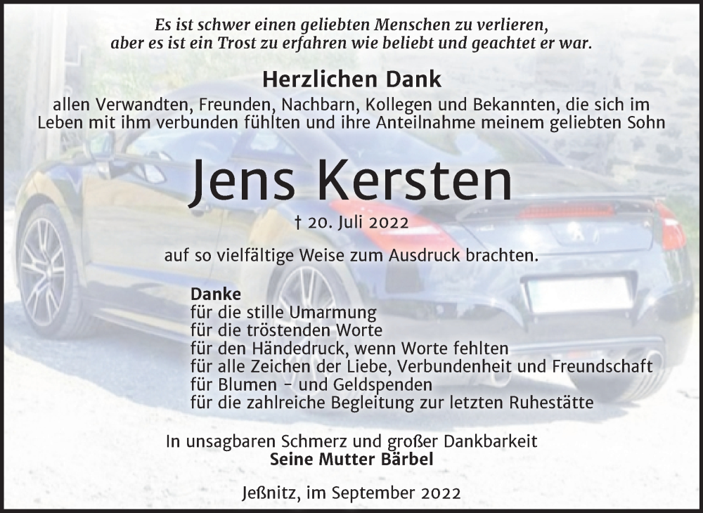  Traueranzeige für Jens Kersten vom 03.09.2022 aus Trauerkombi Bitterfeld