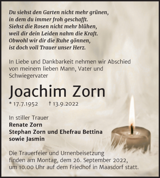 Traueranzeige von Joachim Zorn von Trauerkombi Köthen