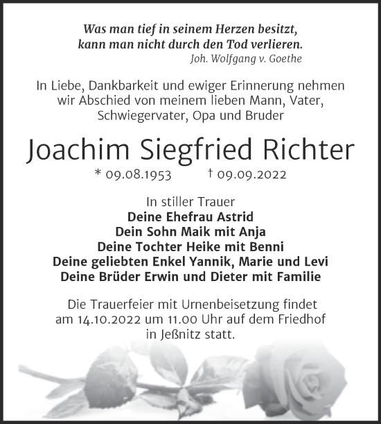 Traueranzeige von Joachim Siegfried Richter von Trauerkombi Bitterfeld