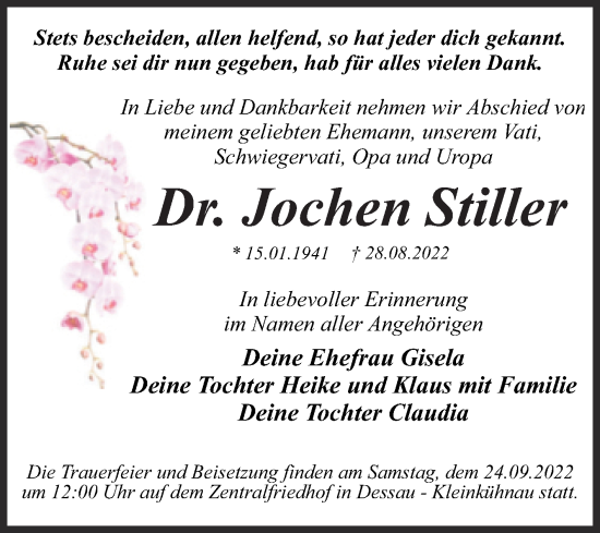 Traueranzeige von Jochen Stiller von Trauerkombi Dessau