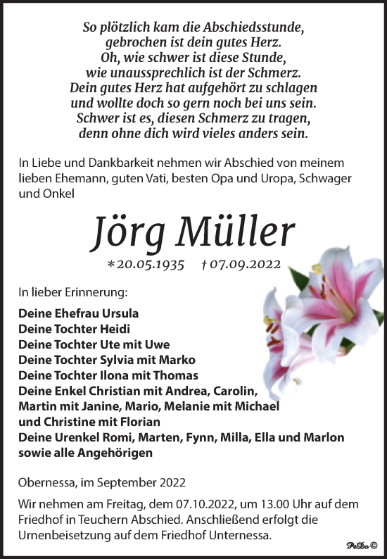 Traueranzeige von Jörg Müller von Trauerkombi Weißenfels