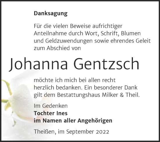 Traueranzeige von Johanna Gentzsch von Trauerkombi Zeitz