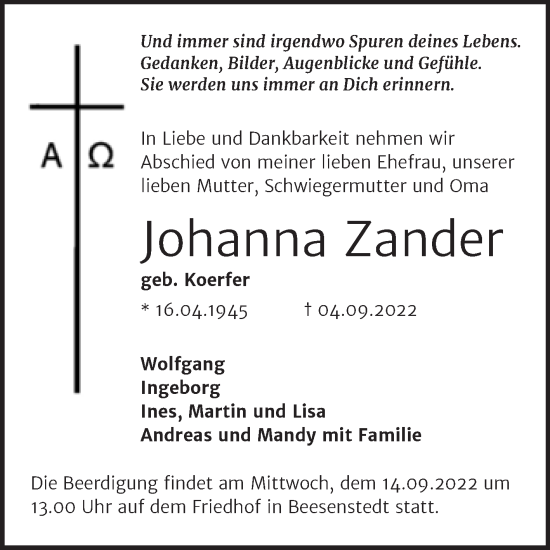 Traueranzeige von Johanna Zander von Mitteldeutsche Zeitung Halle/Saalkreis